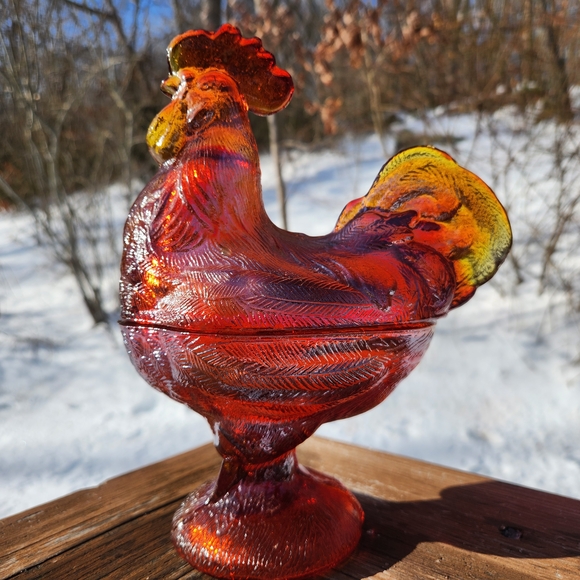 LE Smith Amberina Glass Rooster On A Nest Candy Dish YES IT GLOWS!